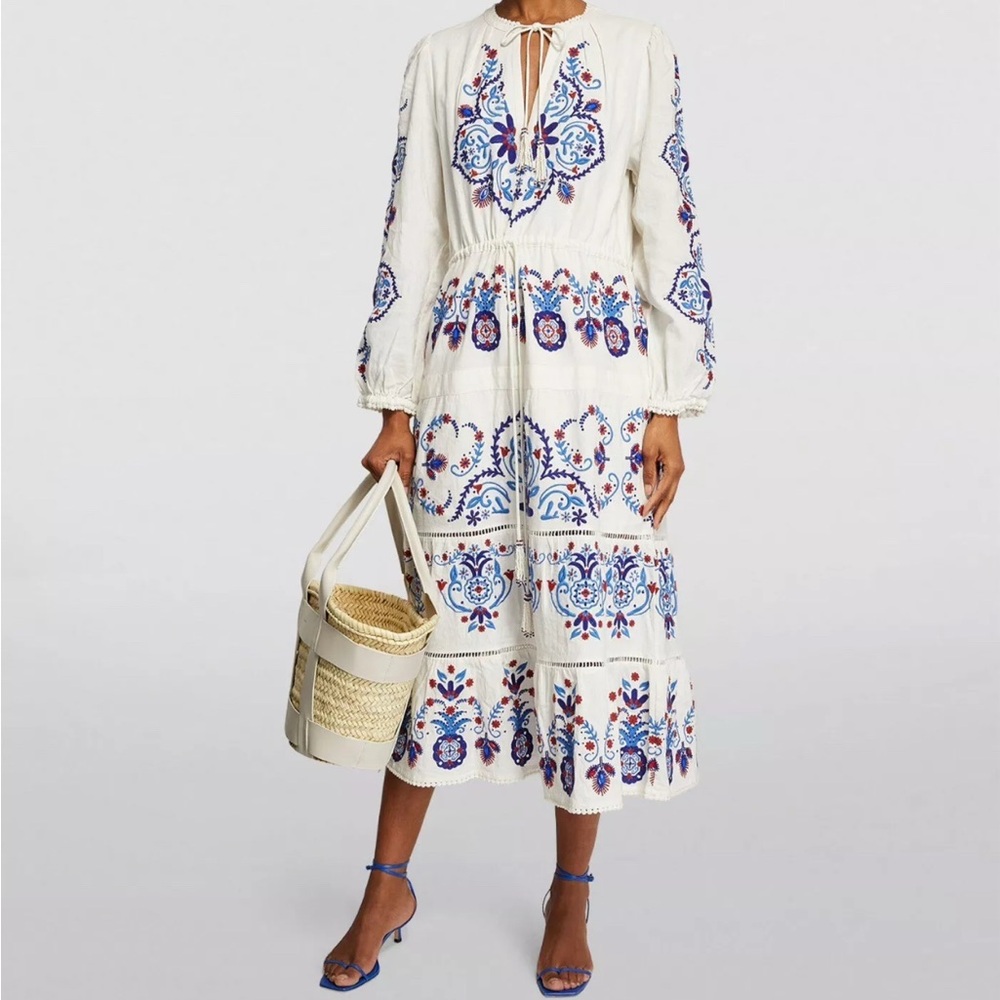 New FARM RIO Embroidered Midi Dress White Blue Linen Blend Medium RARE